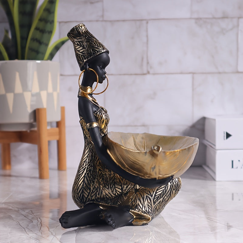 Figura de mujer africana de resina con tazón de hoja dorada - Decoración para el hogar, ornamento de mesa, organizador de entrada, regalo ideal, decoración navideña