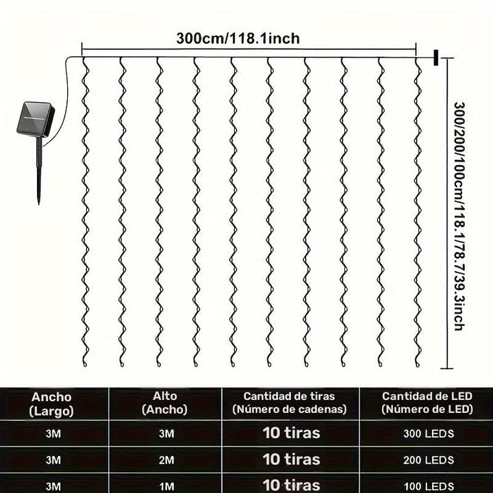 Luces solares para cortinas de 200/300 LED, 8 modos de iluminación, decoración de alambre de cobre para Navidad, bodas, hogar y jardín, exterior 298.7 cm x 298.7 cm