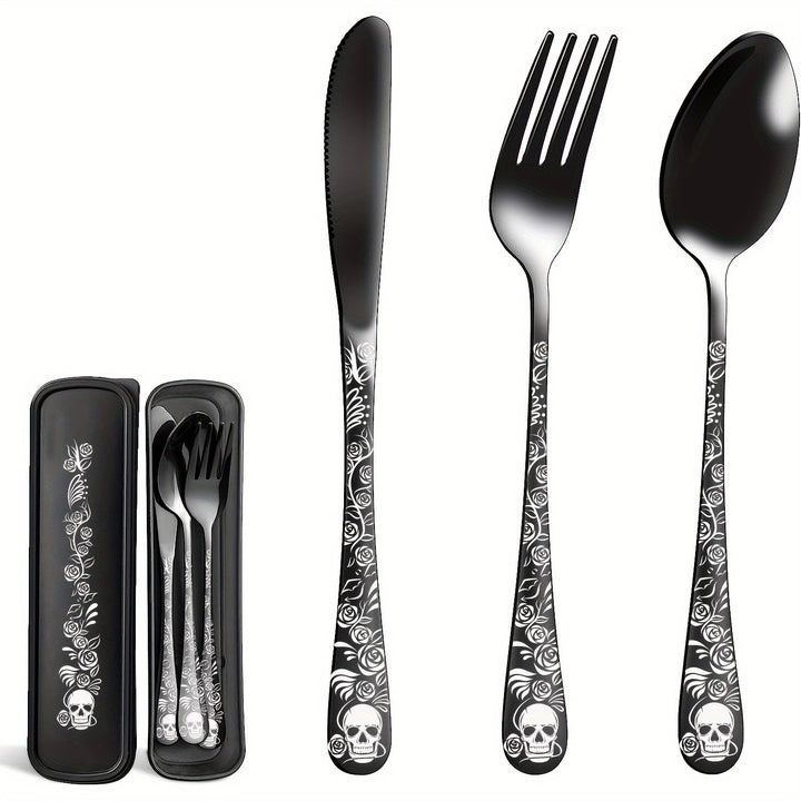 Juego de cubiertos gótico portátil, 4 piezas con estuche, acero inoxidable premium, incluye cuchara, tenedor y cuchillo, ideal para lonchera, campamento, senderismo, oficina, escuela o residencia, regalo perfecto para Día de Muertos, Navidad o Año Nuevo