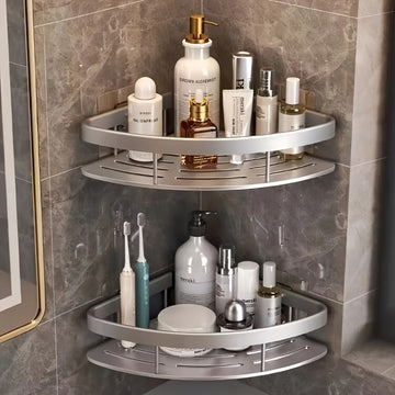 Organizador de aluminio para esquina de ducha, sin taladro, con ventosas y diseño de 2 niveles, ideal para baño, sostiene artículos de tocador y toallas