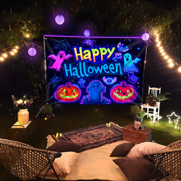 Tapiz Fluorescente Grande de Calabaza y Fantasma de Halloween - Decoración Exterior Reactiva a UV, Fondo de Fiesta Fácil de Colgar, Regalo Festivo Perfecto