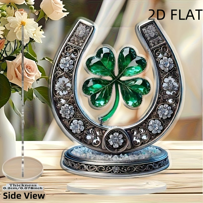 Adorno de Herradura y Trébol de Cuatro Hojas en Estilo Acrílico Cristal Plano 2D, Impresión Plana 2D, Decoración para Mesa, Decoración Hogareña Multipropósito, Sin Pilas, Ideal para San Valentín y Regalos Festivos (19.99/16.13 cm)