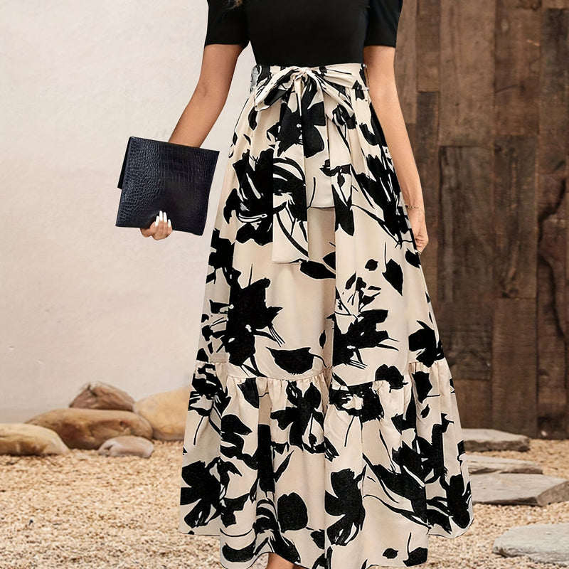 Vestido Elegante con Estampado Floral y Cinturón - Cuello Redondo, Manga Corta, Diseño en A para Mujer - Perfecto para Primavera y Verano