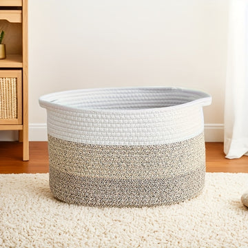 Canasta de Almacenamiento Escandinava Bohemia Tejida - Cesto Plegable de Poliéster con Asas y Patrón Geométrico y Blanco, Organizador Multiusos para Ropa Sucia, Juguetes, Decoración del Hogar