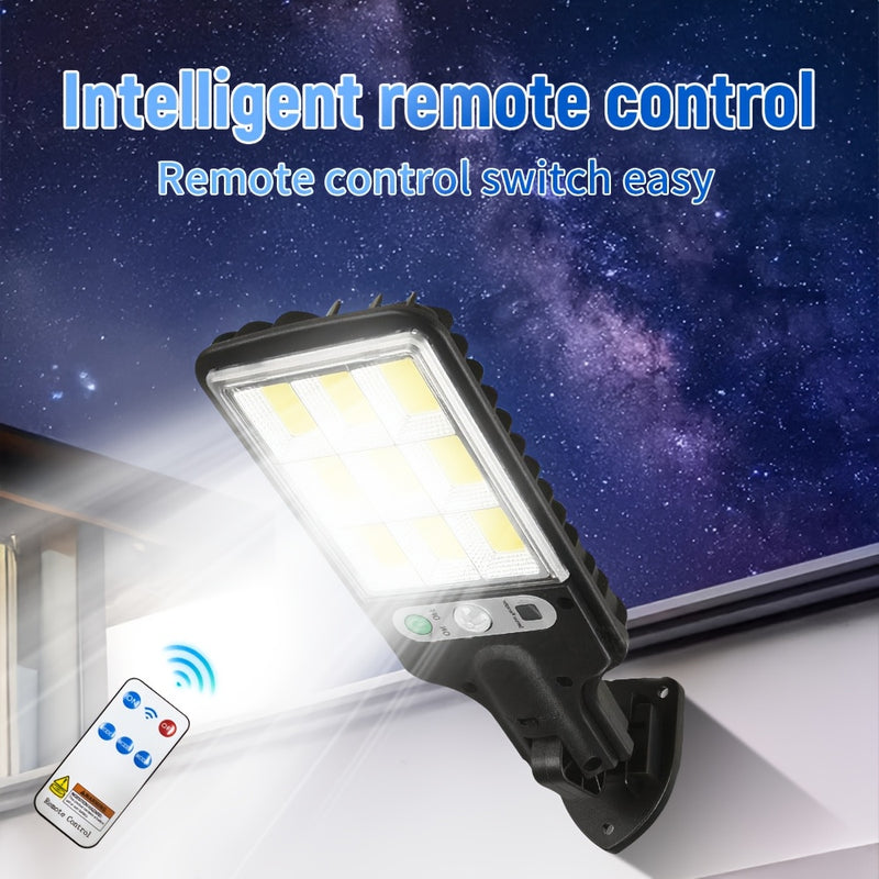 8 piezas Luces de jardín alimentadas por energía solar 108COB, aplique de pared, 3 modos, eficientes en energía, material de plástico, batería de litio, 1200mAh, con control remoto, función de sensor infrarrojo, montaje semi empotrado, desmontable, con h