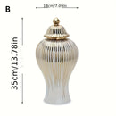 1pc Jarrón Cilíndrico Clásico a Rayas Dorado, Jarra de Cerámica Lujosa para Decoración - Elegante Florero con Tapa, Centro de Mesa para Hogar o Bodas, Recipiente Atemporal sin Necesidad de Baterías Eléctricas