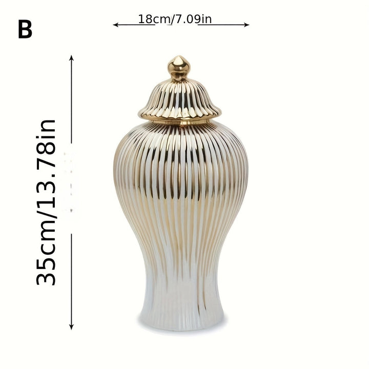 1pc Jarrón Cilíndrico Clásico a Rayas Dorado, Jarra de Cerámica Lujosa para Decoración - Elegante Florero con Tapa, Centro de Mesa para Hogar o Bodas, Recipiente Atemporal sin Necesidad de Baterías Eléctricas