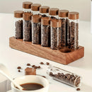 Juego de 6/12 Contenedores Multifuncionales, Frascos de Vidrio con Tapas ABS y Bases de Nogal para Café, Semillas, Miel, Especias y Aceites Esenciales - Incluye Soporte Decorativo, Ideal para Cafeterías y Cocina