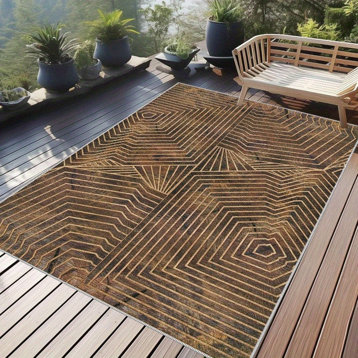 Alfombra geométrica grande para exteriores - Alfombra de piso rectangular de poliéster con diseño intrincado marrón y beige, suave y duradera para jardín, patio, balcón, porche, muelle, RV y uso interior/exterior, patio