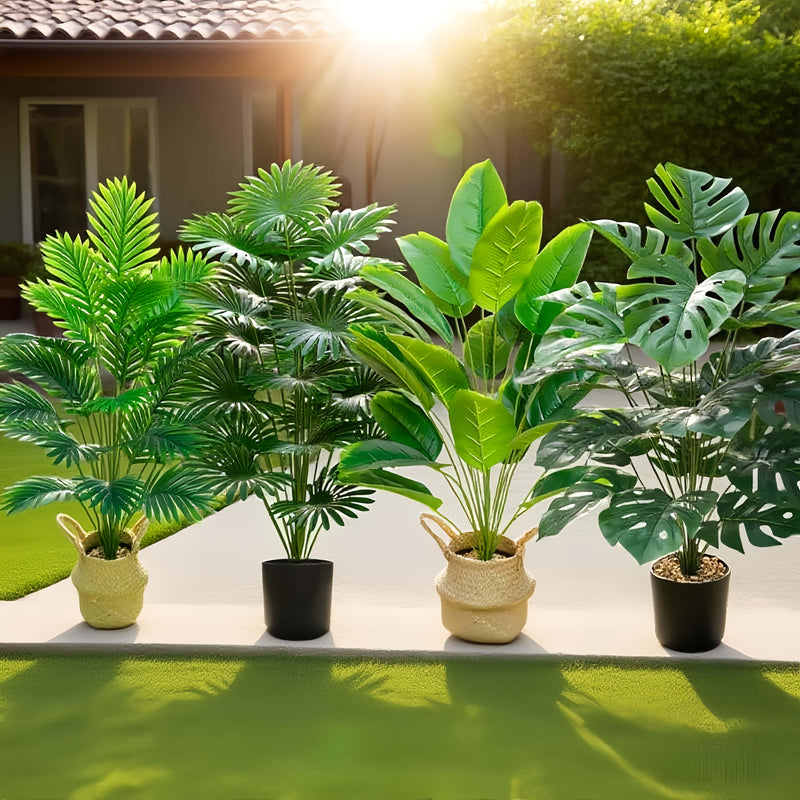 Juego de 4 piezas, incluye combinación de plantas artificiales de hojas grandes. Ideal para exteriores—árbol decorativo tropical de hoja ancha, macetas para interior y exterior todo el año, bodas, hoteles, jardines, patios estilo nórdico, decoraciones pa
