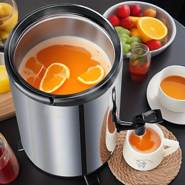 Este es un recipiente multifuncional aislado para té y bebidas, fabricado en acero inoxidable, apto para uso al aire libre. Cuenta con una gran capacidad, una cubierta de múltiples capas para aislamiento y un diseño de fondo plegable.