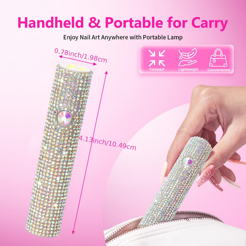 Mini Lámpara Portátil de Secado de Uñas con LED UV - Recargable por USB, Luz para Curar Esmalte en Gel y Pegamento Adhesivo de Secado Rápido con Diseño de Estrás Brillante para Manicura y Pedicura