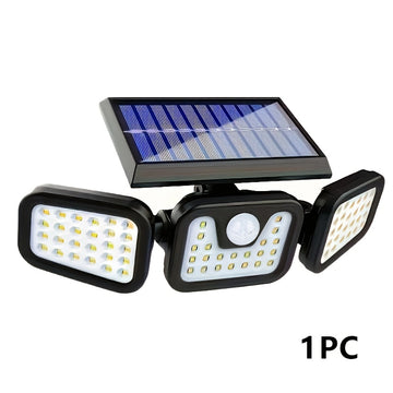 Lámparas solares para exteriores con 3 cabezales, luces solares para jardín y pared, 3 modos de iluminación con sensor de movimiento, ideales para patios, estadios, parques, hoteles, jardines, garajes, terrazas y pasillos
