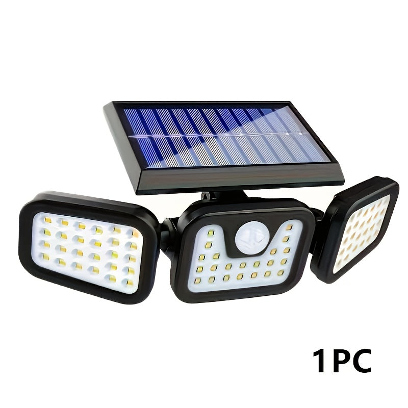 Lámparas solares para exteriores con 3 cabezales, luces solares para jardín y pared, 3 modos de iluminación con sensor de movimiento, ideales para patios, estadios, parques, hoteles, jardines, garajes, terrazas y pasillos