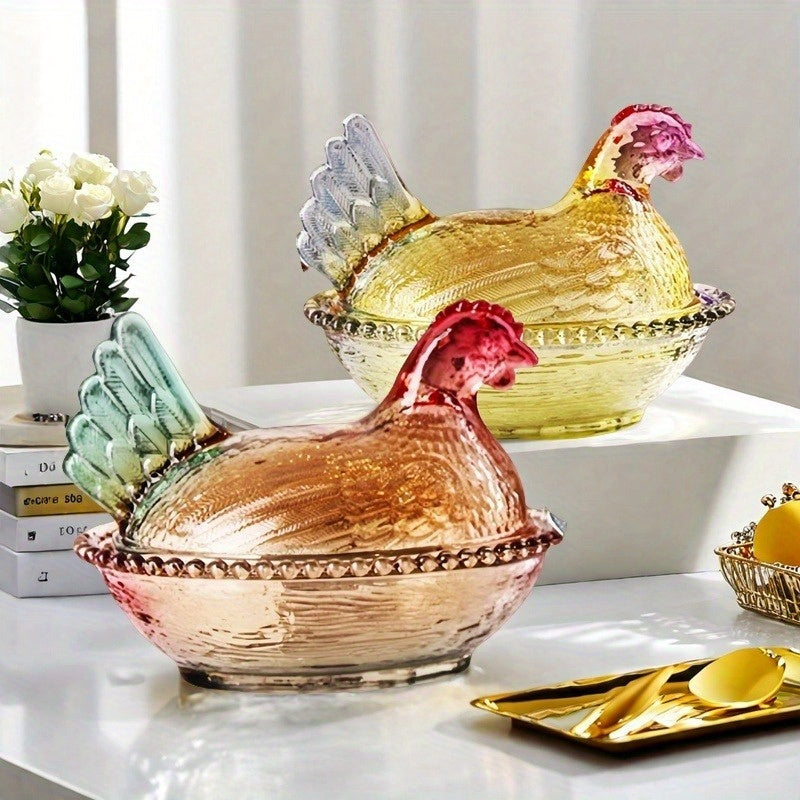 Tarro de Cristal con Forma de Gallo Elegante y Tapa - Diseño Intrincado en Rosa, Verde y Amarillo - Ideal para Dulces, Snacks o Decoración de Mesa - Lavado a Mano Únicamente - Apto para Todas las Estaciones