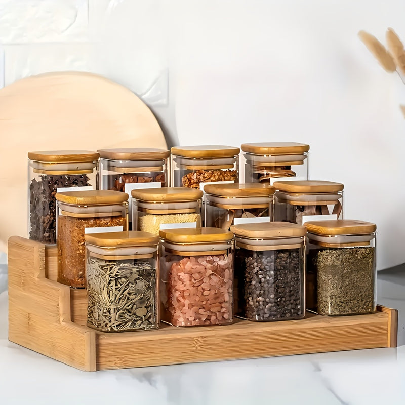 Juego de 12 frascos de vidrio con tapas de madera, contenedores de especias con tapas de sellado de madera, contenedores de almacenamiento de alimentos, adecuados para la cocina del hogar, té, hierbas, azúcar, sal, café, harina, granos, etc.