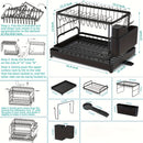 Estante de platos de metal de 2 niveles mejorado con soporte para cuchillos y almacenamiento de utensilios, sistema de drenaje elegante para tazones y platos para encimera de cocina - Sistema de drenaje rotativo