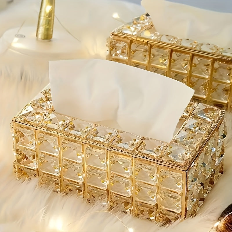 Soporte Elegante para Caja de Pañuelos de Metal con Detalles en Cristal, Blanco y Dorado, Tapadera Extraíble, Forma Rectangular, Ideal para Cocina, Comedor y Decoración del Hogar