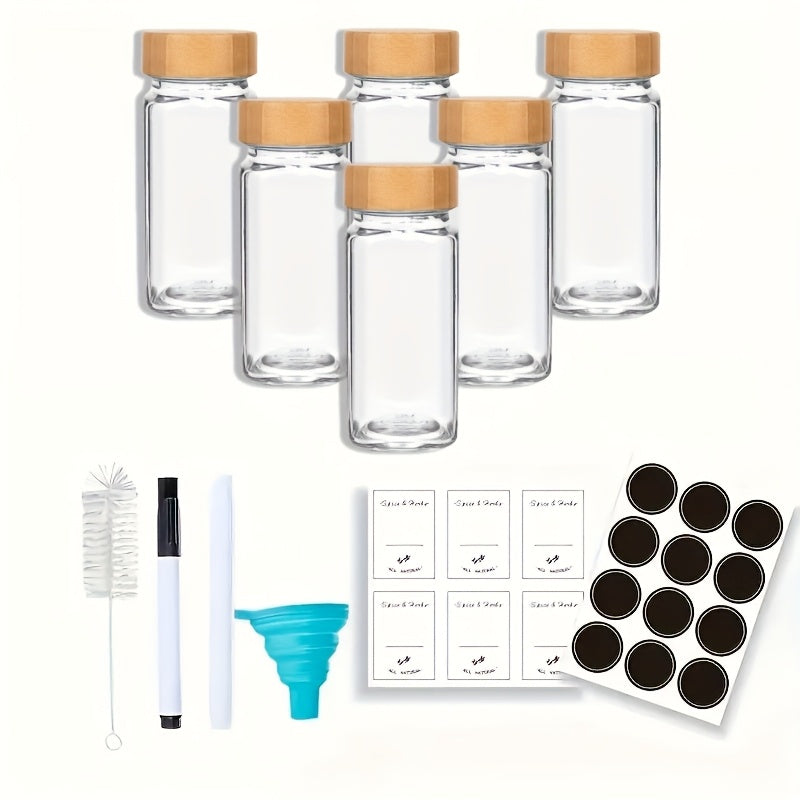 Juego de frascos de vidrio herméticos para especias, 6/12/24 piezas, con tapas dosificadoras, botellas de 4.3 oz con tapas de bambú y embudos de silicón, set novedoso para organizar la cocina