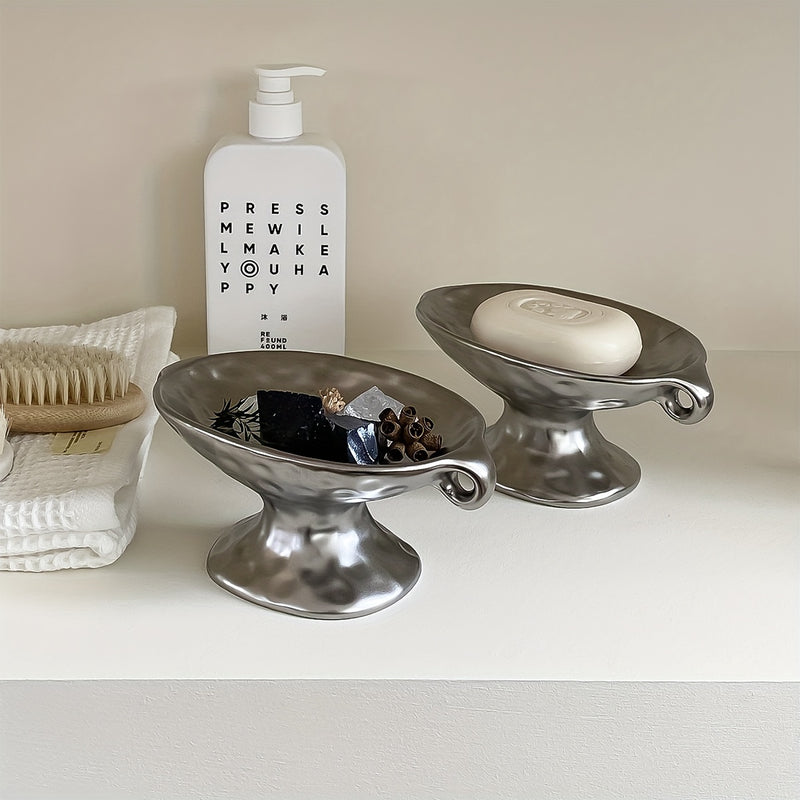 Jabón de cerámica de plata vintage con dos asas, bandeja de pie alto - Perfecto para fregaderos o como organizador de joyas Decoraciones de Halloween, Navidad