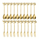 Juego de 20 Piezas de Tenedores y Cucharas Doradas en Acero Inoxidable con Forma de Hoja, Cubiertos para Postres Elegantes y Duraderos, Antióxido y Fáciles de Limpiar | Ideales para Mezclar Frutas, Aperitivos, Pasteles, Ensalada de Queso - Perfectos para