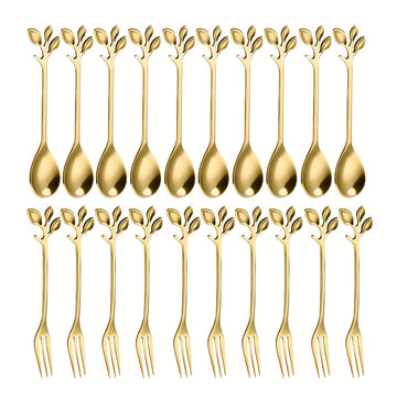 Juego de 20 Piezas de Tenedores y Cucharas Doradas en Acero Inoxidable con Forma de Hoja, Cubiertos para Postres Elegantes y Duraderos, Antióxido y Fáciles de Limpiar | Ideales para Mezclar Frutas, Aperitivos, Pasteles, Ensalada de Queso - Perfectos para