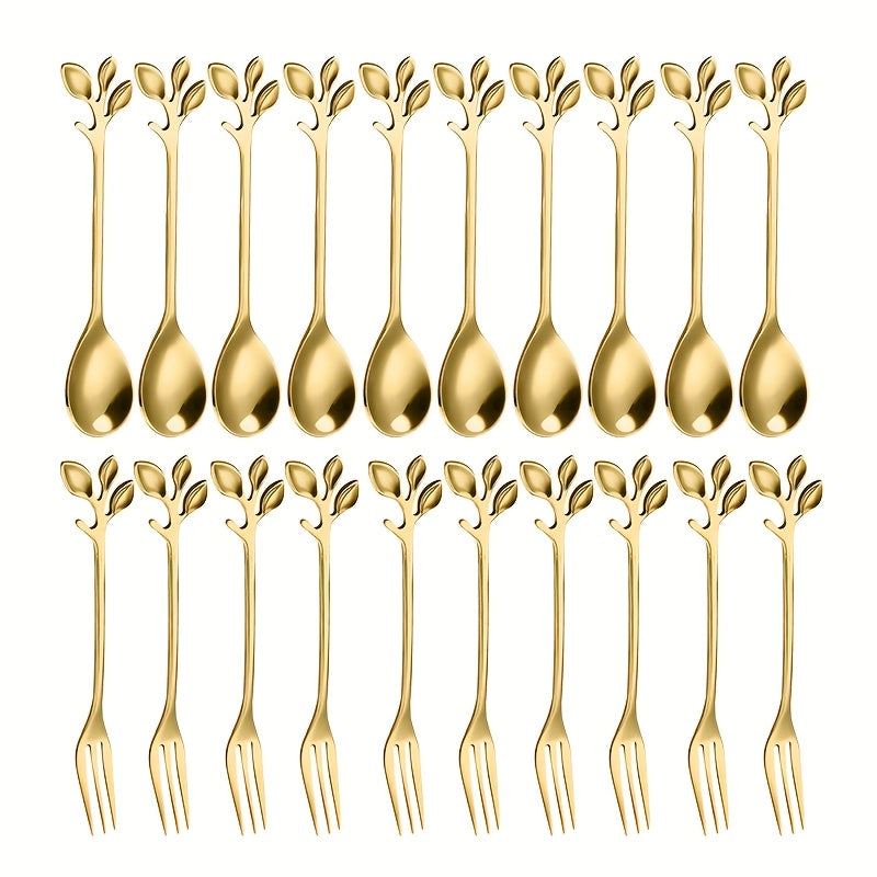 Juego de 20 Piezas de Tenedores y Cucharas Doradas en Acero Inoxidable con Forma de Hoja, Cubiertos para Postres Elegantes y Duraderos, Antióxido y Fáciles de Limpiar | Ideales para Mezclar Frutas, Aperitivos, Pasteles, Ensalada de Queso - Perfectos para