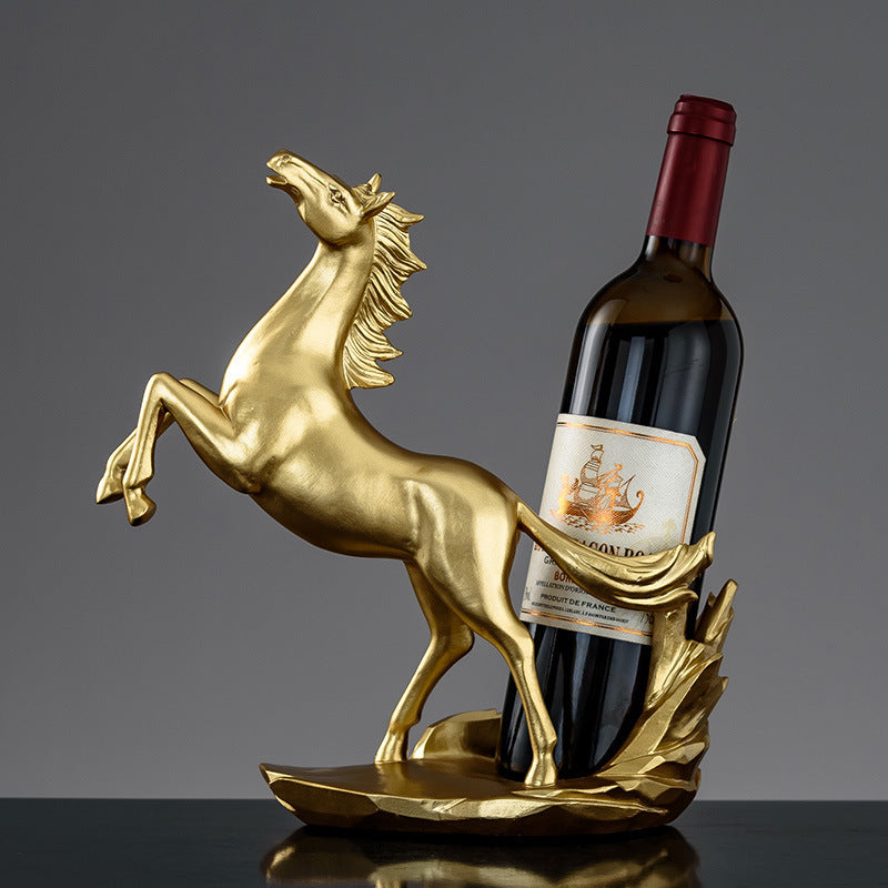 Soporte de vino de caballo dorado elegante - Soporte de exhibición moderno y minimalista de resina para botellas de vino tinto, decoración de mesa lujosa con diseño intrincado, perfecto para el hogar o la oficina, decoración de vino.