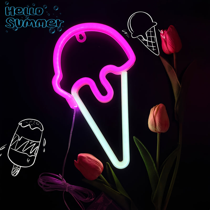 1 pieza de luz de helado de nieve rosa, alimentada por USB o batería, serie de enfriamiento de verano, decoración del hogar, ideal para camión de comida, restaurante, luz nocturna de habitación, decoración de fiesta (batería no incluida), colgante de par