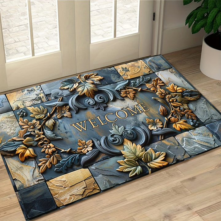 Alfombra de Bienvenida con Relieve de Piedras y Plantas de Lujo 2D - Antideslizante, Alta Calidad, Lavable en Máquina, Poliéster, Adecuada para Decoración del Hogar y Exterior - Ideal para Entrada, Sala de Estar, Baño