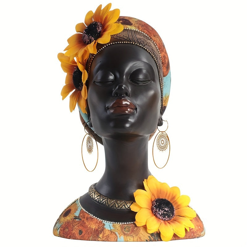 [Estatua Vintage de Mujer Tribal] Figura Vintage de 1 pza de Resina - Estatua de Mujer Negra con Tocado de Girasol - Decoración Exótica Tribal Africana - Ideal para Sala de Estar, Entrada, Vitrina de Vinos, Decoración Creativa para el Hogar