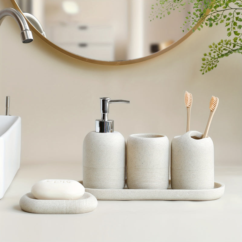 Juego de baño de 5 piezas: dispensador de jabón, taza para enjuague bucal, soporte para cepillos de dientes, jabonera, bandeja con patrón de arenisca amarilla