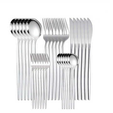 Juego de cubiertos de acero inoxidable delgado estilo portugués, 30 piezas: cuchillo para carne, tenedor para cena, cuchara para postre y tenedor para postre - Juego de vajilla para hogar y restaurantes