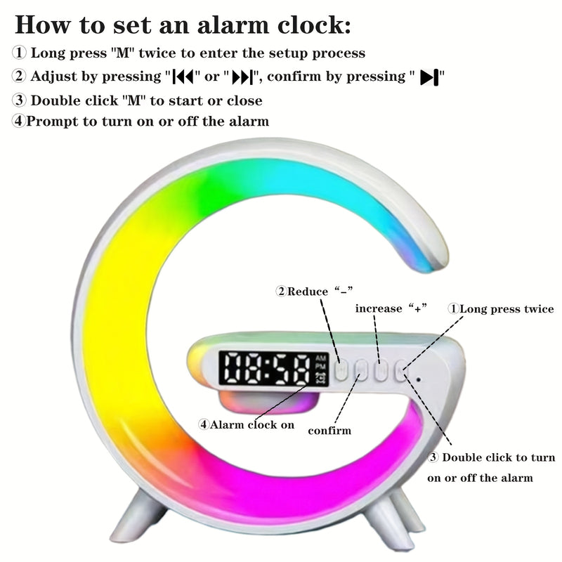 Lámpara de escritorio RGB moderna con carga inalámbrica, altavoz inalámbrico, brillo ajustable, múltiples modos de iluminación, reloj despertador y reproducción de tarjeta TF – Alimentación por USB, diseño elegante en blanco para dormitorio o estudio, ac