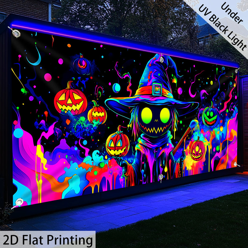 Una figura de calabaza vibrante de tamaño grande que brilla bajo luz UV, perfecta para Halloween. Esta decoración de puerta de garaje de poliéster sirve varios propósitos festivos y es adecuada para decorar el hogar y el jardín. Es fácil de colgar (la im
