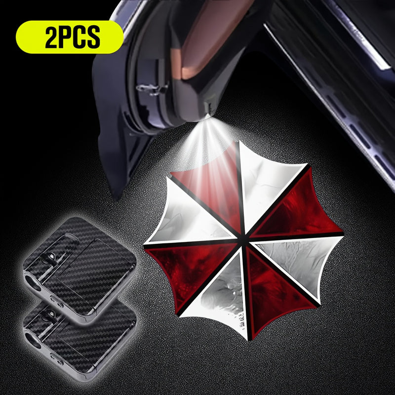 2 luces LED de bienvenida con diseño de paraguas rojo y corazón, encendido automático, luces proyectoras LED para auto, funcionan con pilas (pilas no incluidas) - Regalo ideal para dueños de autos, iluminación automotriz | Iluminación divertida | Diseño