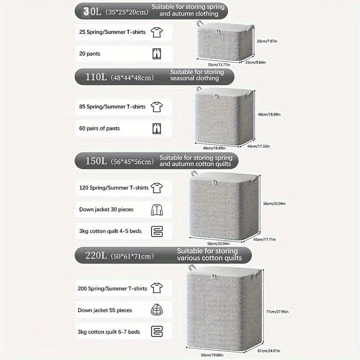 Grandes Bolsas de Almacenamiento Plegables con Tapa y Asas - Estampado Espiga, Varios Tamaños (30L/110L/150L/220L) para Ropa, Ropa de Cama, Cojines y Juguetes - Organizador Subcama para Armario o Clóset, Accesorio de Decoración Neutro, Cierre Seguro con
