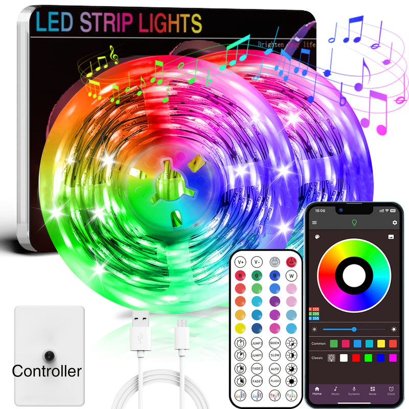 NBBUFF Luces LED Inteligentes de 30,48 pies (2 rollos de 15,24 pies) con control remoto y aplicación, luces LED RGB sincronizadas con música, temporizador, parpadeo, saltos, para salas de música, salas de estar, iluminación de escenario, regalo de Hallow