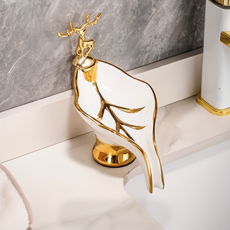 1pc Caja De Jabón Con Forma De Hoja Con Decoración De Ciervo, Jabonera Autodrenante, Soporte Para Jabón Para Baño Y Cocina, Decoración Del Hogar, Esencial Para El Baño
