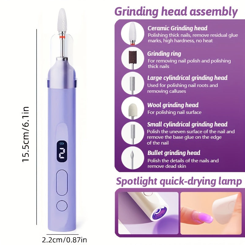 Juego de manicura eléctrica portátil con lámpara de uñas LED - Herramienta de manicura y eliminación de esmalte de uñas multiusos, incluye varios taladros y piezas de uñas, hipoalergénico, batería de litio recargable, ideal para el hogar, la oficina, los