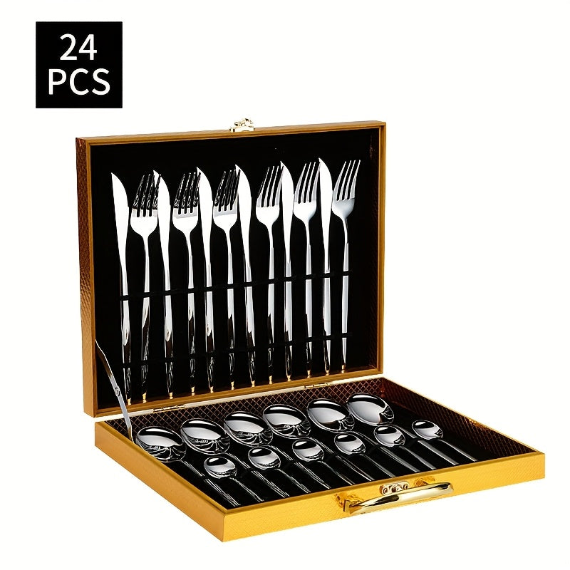 Juego de Vajilla Portuguesa de Acero Inoxidable de 24 Piezas en Caja Dorada con Madera, Incluye Cuchillo para Bistec, Tenedor, Cuchara, etc. Ideal para Hogar, Cocina, Restaurante, Fiesta, Boda y Festivales, Cucharita para Café, Cucharita para Postre