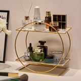 Organizadores de Maquillaje. Estante de baño hecho de hierro con estructura circular de doble capa y gran capacidad, ideal para colocar en el tocador. Su diseño elegante mejora la orden del espacio.