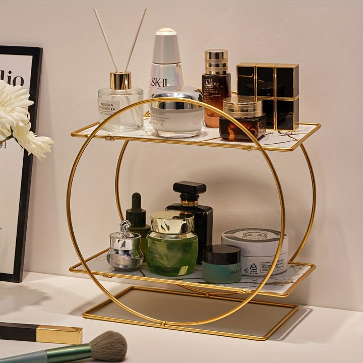 Organizadores de Maquillaje. Estante de baño hecho de hierro con estructura circular de doble capa y gran capacidad, ideal para colocar en el tocador. Su diseño elegante mejora la orden del espacio.