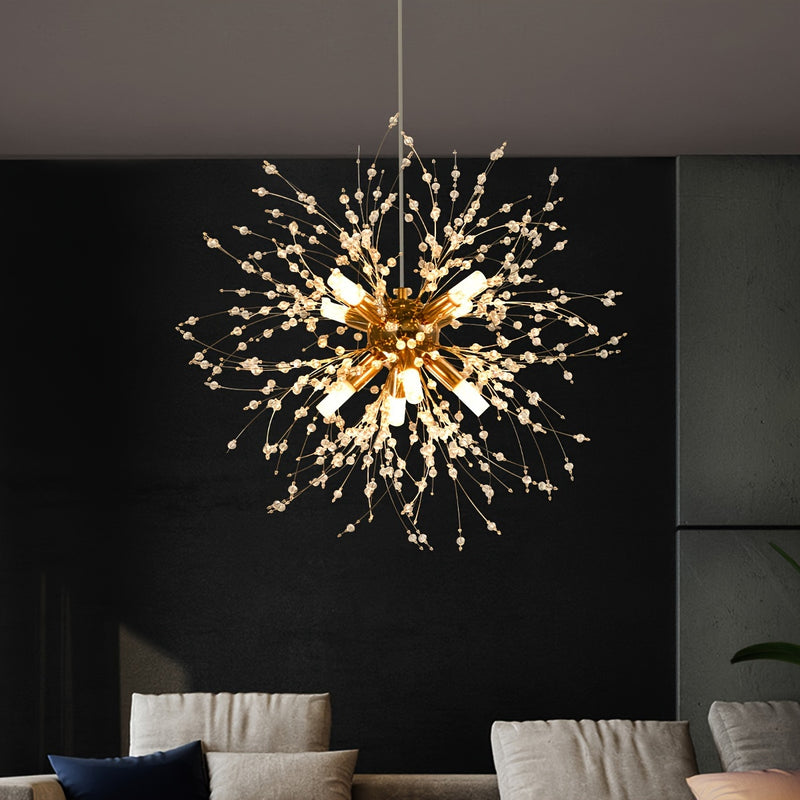 1 lámpara de cristal dorado de lujo, diseño moderno de diente de león, 8 bases para bombillas G9 - sin bombillas incluidas, cable ajustable, estructura metálica, ideal para sala, comedor, dormitorio o cocina