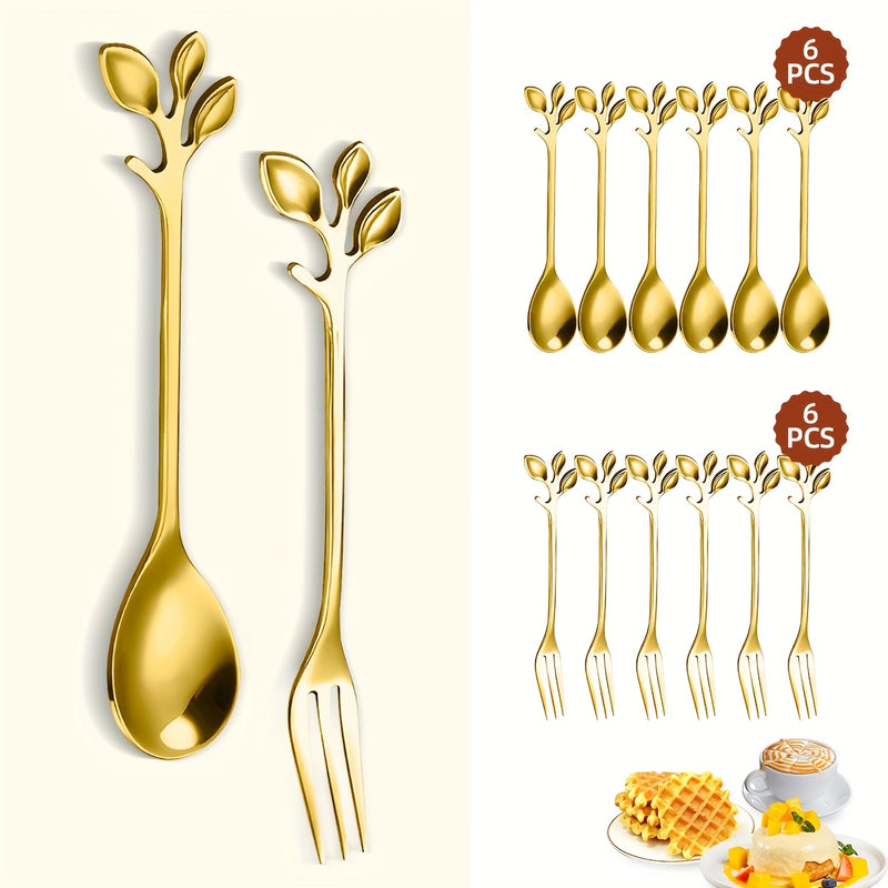 Juego de 12 cucharas doradas de acero inoxidable para café y postres, con decoración de hojas, superficie pulida y aptas para lavavajillas