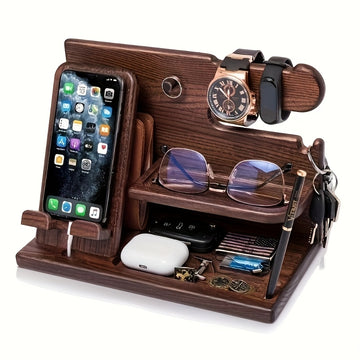 Soporte de Madera Sólida para Teléfono y Organizador para Hombres – Mesita Multifuncional con Ranura para Cable de Carga, Compartimentos para Carteras, Gafas, Relojes & Llaves – Regalo Perfecto para Papá, Esposo, Novio – Montaje Fácil, Decoración Estilo