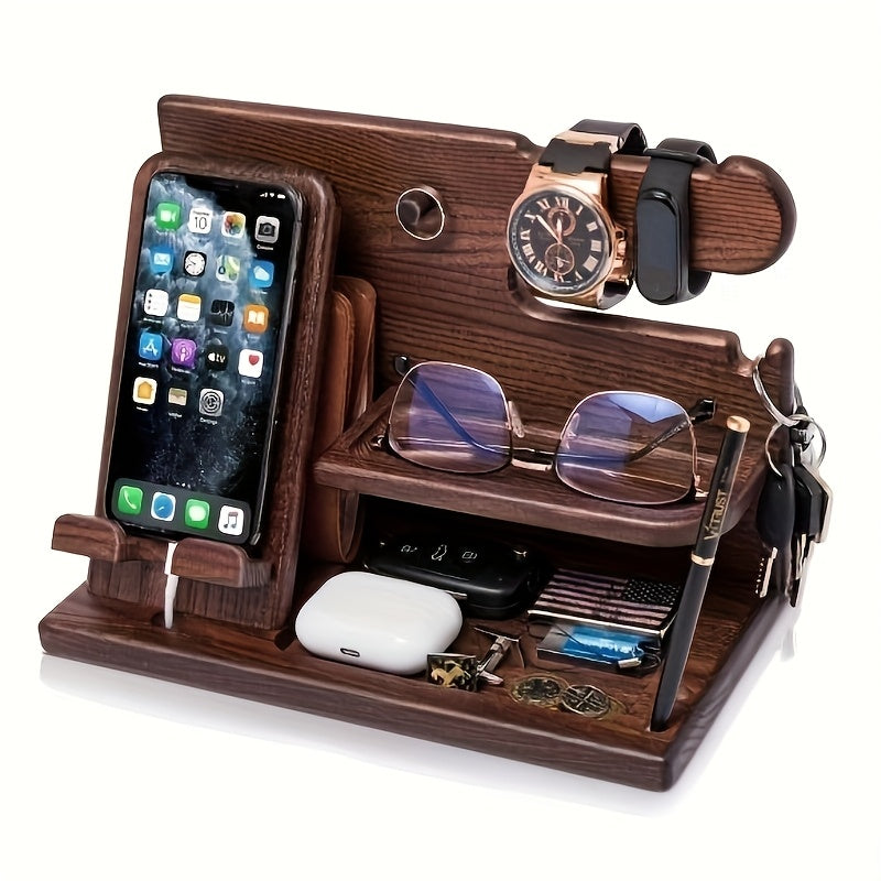 Soporte de Madera Sólida para Teléfono y Organizador para Hombres – Mesita Multifuncional con Ranura para Cable de Carga, Compartimentos para Carteras, Gafas, Relojes & Llaves – Regalo Perfecto para Papá, Esposo, Novio – Montaje Fácil, Decoración Estilo