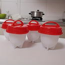 Juego de 4 cocineros de huevos de silicona - Tazas resistentes al calor con tapas rojas - Fáciles de limpiar, antiadherentes, sin cáscara, fabricante de desayuno, no necesita electricidad, fácil de cocinar huevos | Ojos rojos circulares | Silicona antiad