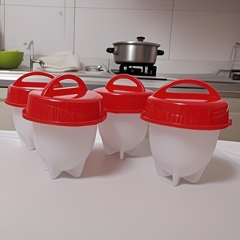 Juego de 4 cocineros de huevos de silicona - Tazas resistentes al calor con tapas rojas - Fáciles de limpiar, antiadherentes, sin cáscara, fabricante de desayuno, no necesita electricidad, fácil de cocinar huevos | Ojos rojos circulares | Silicona antiad