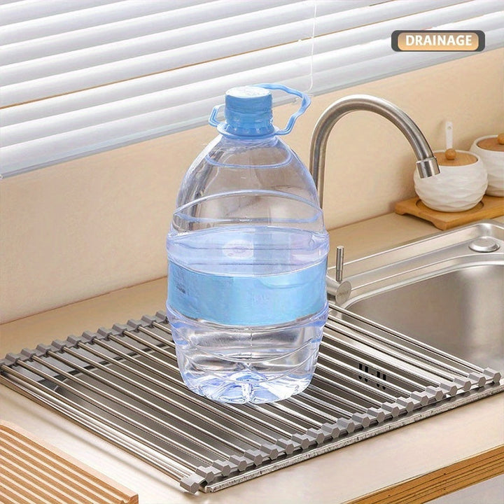 SunCleanse Armario de secado de platos enrollable con 15 tubos - Secador de platos de acero inoxidable multifuncional sobre el fregadero, 43cm x 30cm, Diseño plegable y colapsable, Ideal para encimeras de cocina, Portátil y versátil soporte de tazas, Arm